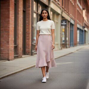 Ted Baker Coryn Pink White Vertical Stripe Layered Asymmetrical Midi Skirt SZ 1